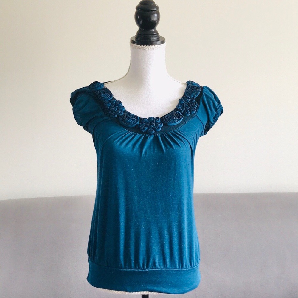Teal Blouse with Lace & Rose Collar